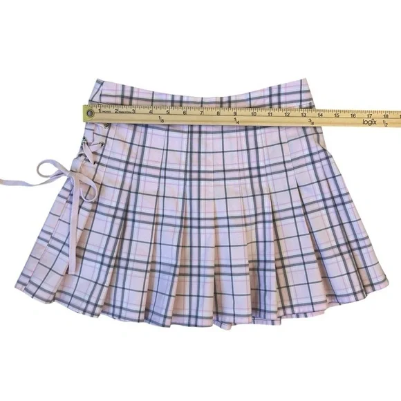 Preppy Pink Gray Plaid Pleated Skirt with Side Tie Coquette Small - Picture 2 of 9
